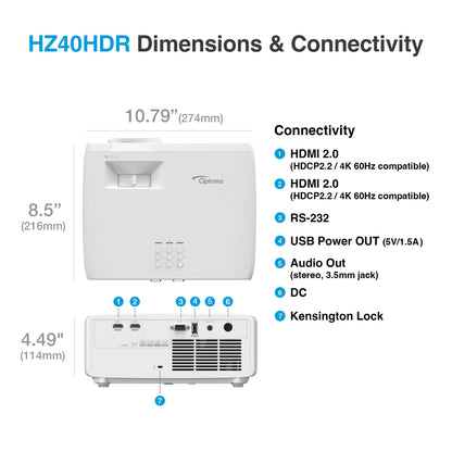 Optoma HZ40HDR Compact Long Throw Laser Home Theater and Gaming Projector, 1080p, 4K, 4000 Lumens