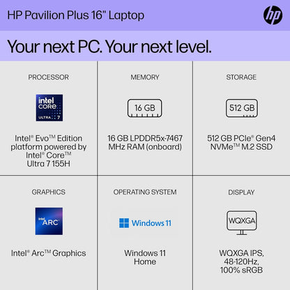 (Open Box) HP Pavilion Plus 16-in Laptop Computer - 16-ab1010nr (EVO) Ultra 7-155H 16.0" 16GB 512GB SSD
