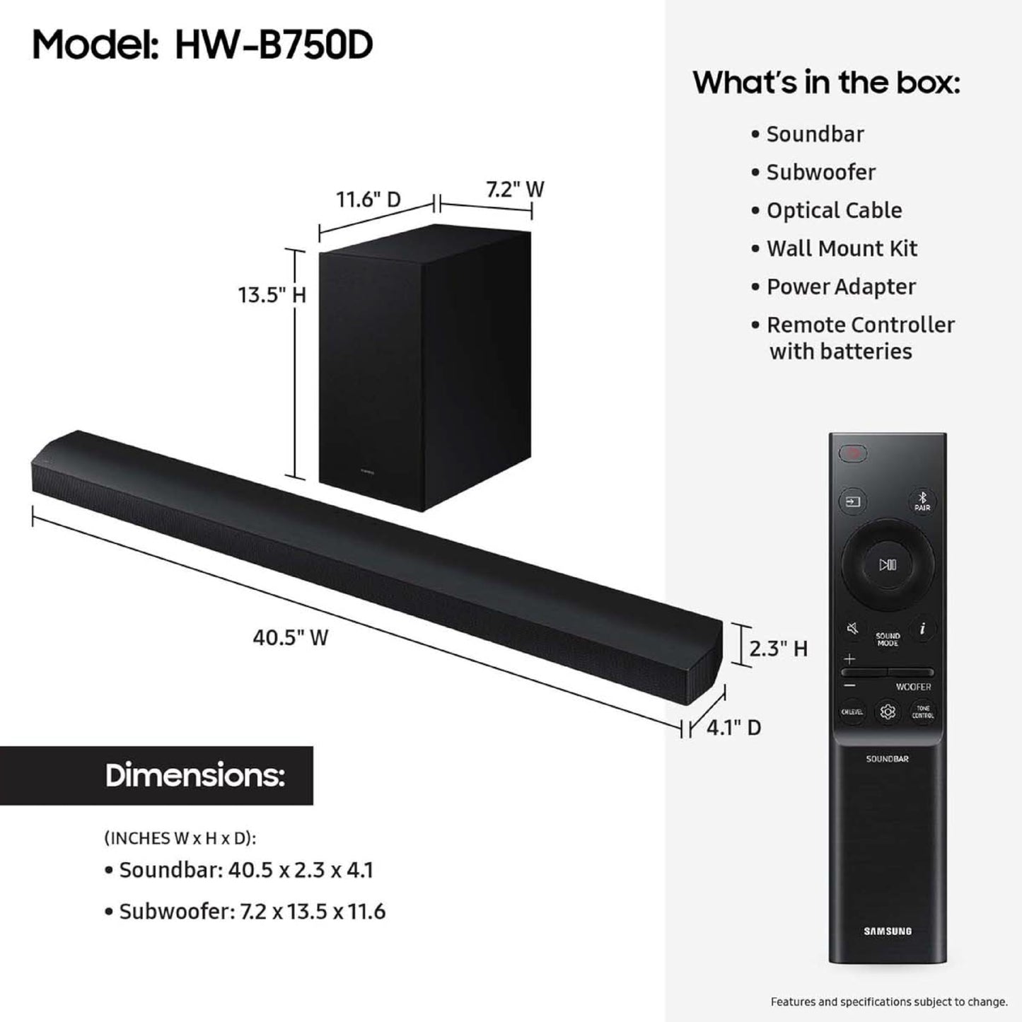 (Open Box) Samsung HW-B750D/ZA 5.1 ch Soundbar w/Dolby Audio, Surround Sound Expansion, Wireless Subwoofer (2024)