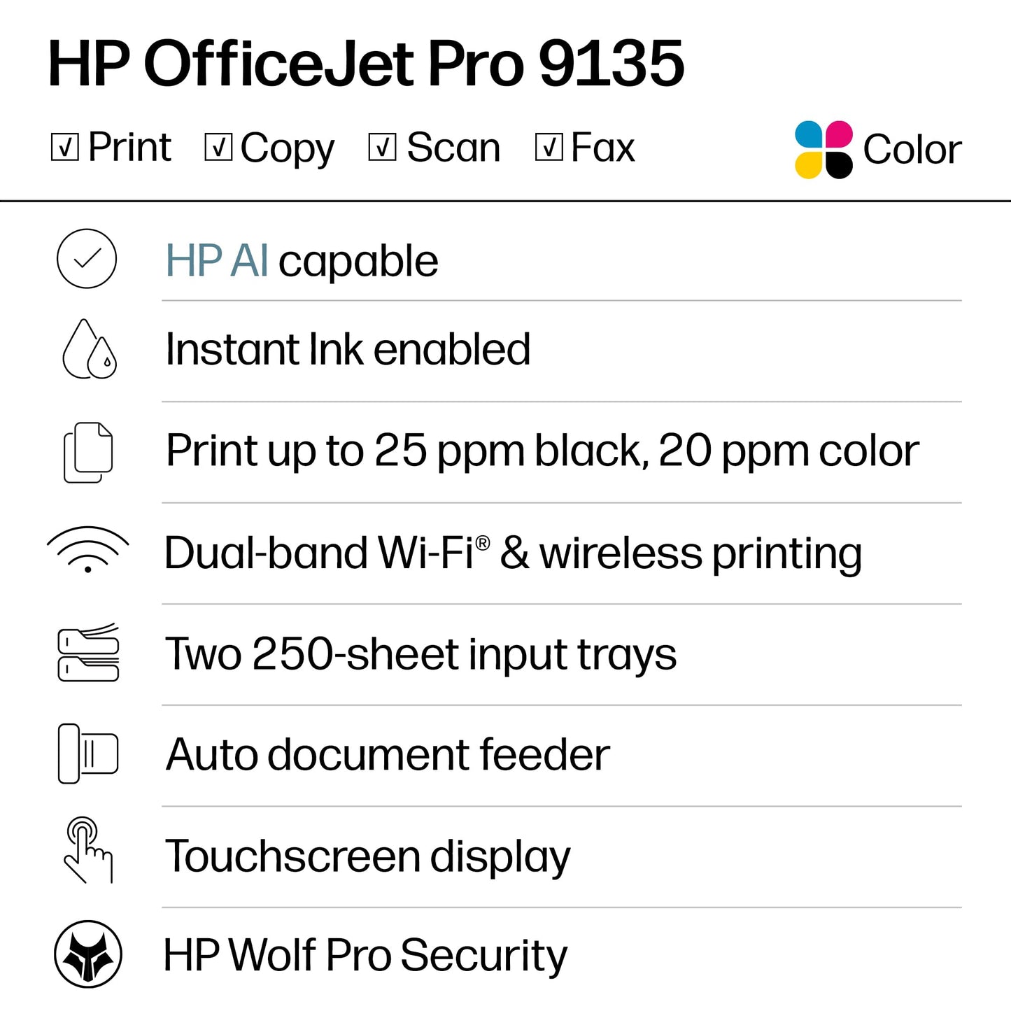 HP OfficeJet Pro 9135 Wireless All-in-One Color Inkjet Printer, Print, Scan, Copy, Fax, ADF, Duplex Print/scan - C2WM0A#B1H