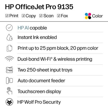 HP OfficeJet Pro 9135 Wireless All-in-One Color Inkjet Printer, Print, Scan, Copy, Fax, ADF, Duplex Print/scan - C2WM0A#B1H