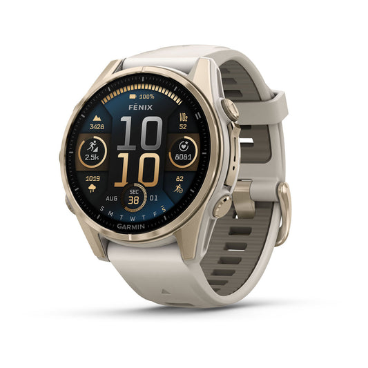 Garmin fenix 8 43mm Adventure Watch - AMOLED Sapphire, Soft Gold with Fog Gray/Dark Sandstone Silicone Band