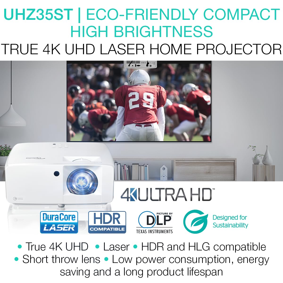Optoma UHZ35ST Compact Short Throw Laser Home Theater and Gaming Projector, 4K UHD Laser, 3500 Lumens