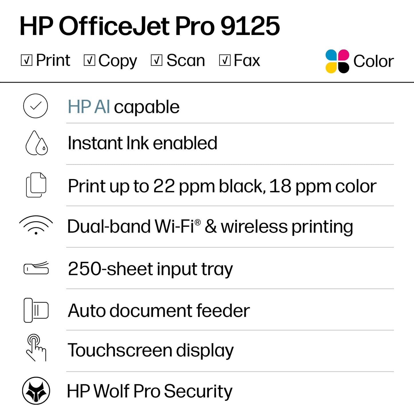 HP OfficeJet Pro 9125 Wireless All-in-One Color Inkjet Printer, Print, Scan, Copy, Fax, ADF, Duplex Print/scan - C2VZ0A#B1H