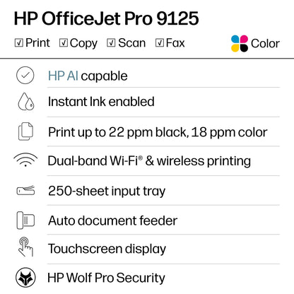 HP OfficeJet Pro 9125 Wireless All-in-One Color Inkjet Printer, Print, Scan, Copy, Fax, ADF, Duplex Print/scan - C2VZ0A#B1H