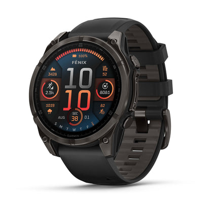 Garmin fenix 8 47mm Adventure Watch - AMOLED Carbon Gray DLC Titanium with Black/Pebble Gray Silicone Band