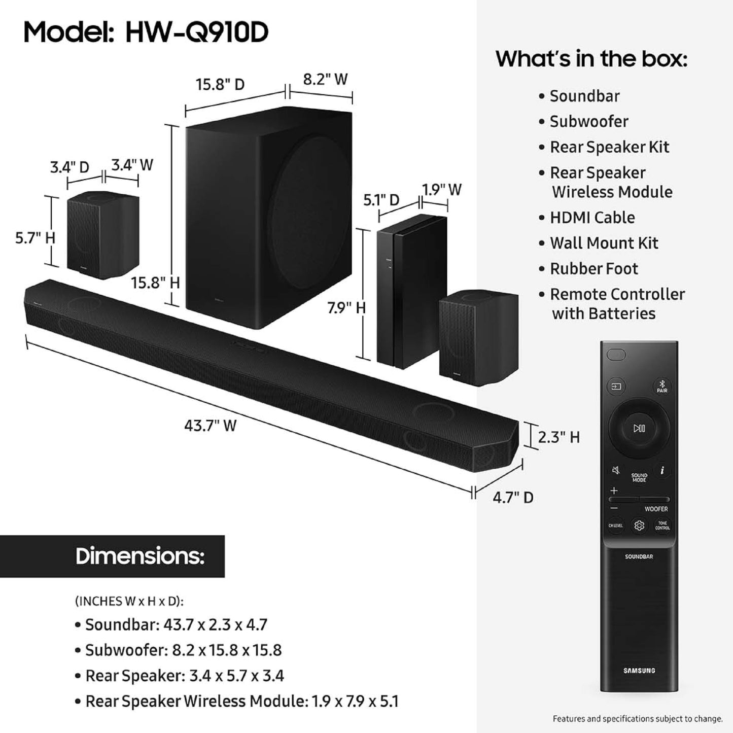 Samsung HW-Q910D 9.1.2 ch Soundbar w/Dolby Audio, Surround Sound Expansion, Wireless Subwoofer (2024)