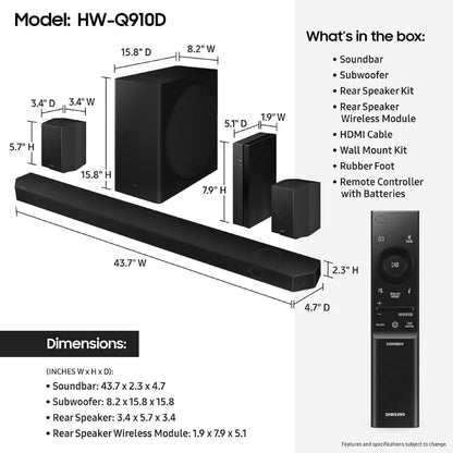 Samsung HW-Q910D 9.1.2 ch Soundbar w/Dolby Audio, Surround Sound Expansion, Wireless Subwoofer (2024)