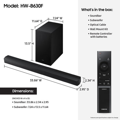 Samsung HW-B630F 3.1 Channel Soundbar, 370W Dolby 5.1ch (2025)