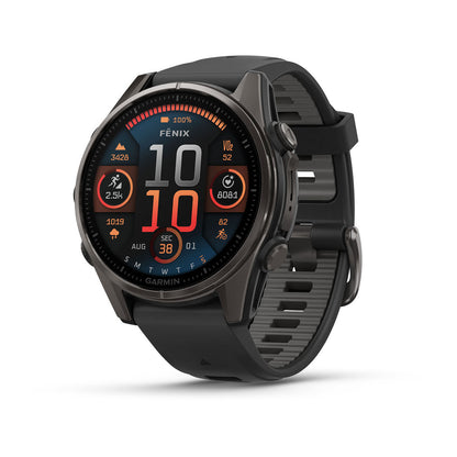 Garmin fenix 8 43mm Adventure Watch - AMOLED Sapphire, Carbon Gray DLC Titanium with Black/Pebble Gray Silicone Band