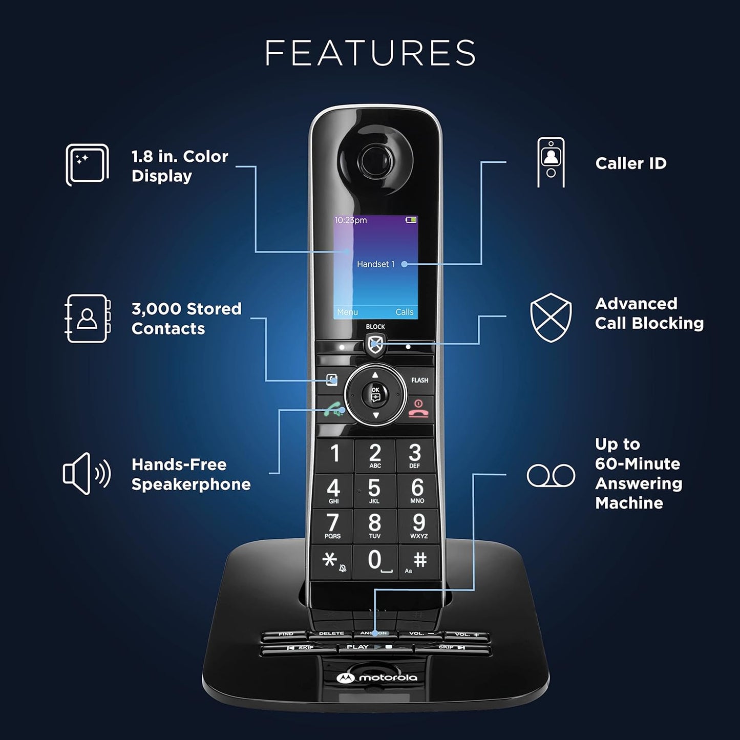 Motorola Voice D8714 Cordless Phone System - 4 Handsets + Bluetooth to Cell, Answering Machine, Call Block