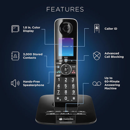 (Open Box) Motorola Voice D8714 Cordless Phone System - 4 Handsets + Bluetooth to Cell, Answering Machine, Call Block