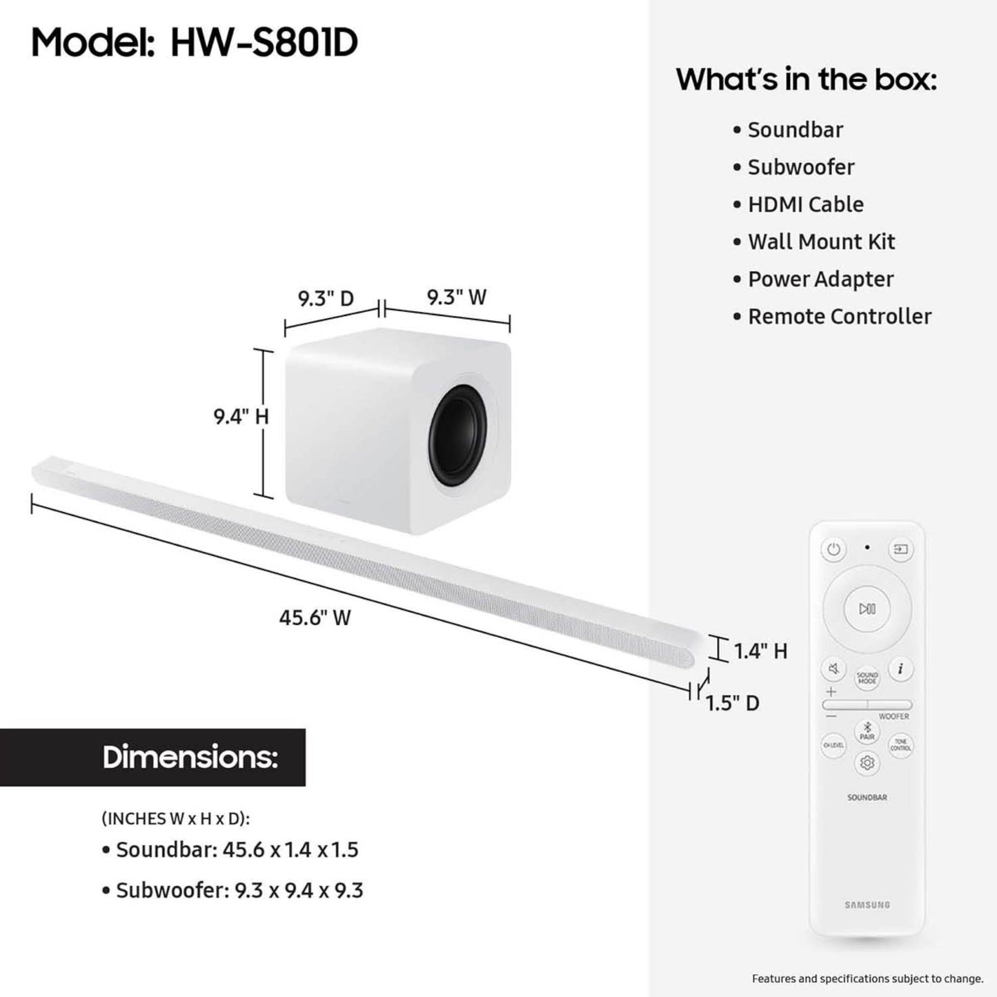 (Open Box) Samsung S801D 3.1.2ch Soundbar w/Wireless Dolby Atmos Audio, Ultra Slim Design, HW-S801D/ZA (2024)