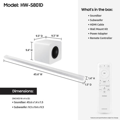 (Open Box) Samsung S801D 3.1.2ch Soundbar w/Wireless Dolby Atmos Audio, Ultra Slim Design, HW-S801D/ZA (2024)