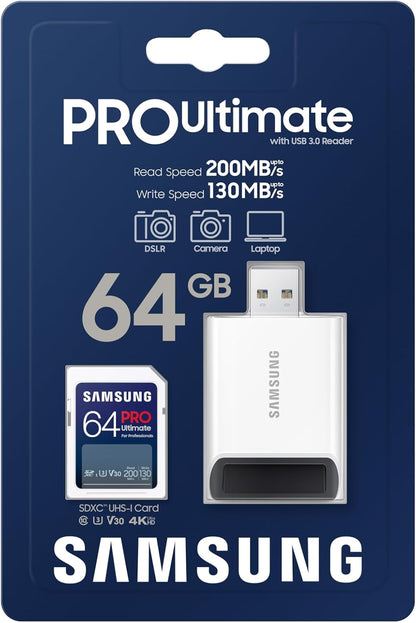 Samsung PRO Ultimate Full Size Memory Card/USB 3.0Reader, 64GB SDXC - MB-SY64SB/AM