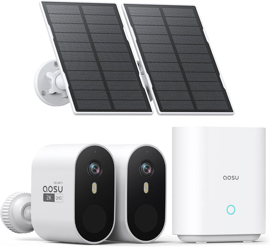 AOSU Solar Security Cameras Wireless Outdoor, 2K QHD Home Security System, 2 Cameras Kit with 166° Ultra-Wide View, Forever Power, Spotlight Camera, 32G Local Storage, No Monthly Fee