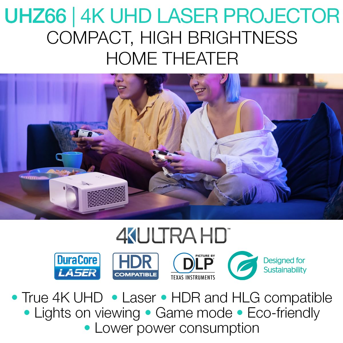 Optoma UHZ66 Compact Long Throw True 4K UHD Laser Home Cinema and Gaming Projector, 4000 Lumens