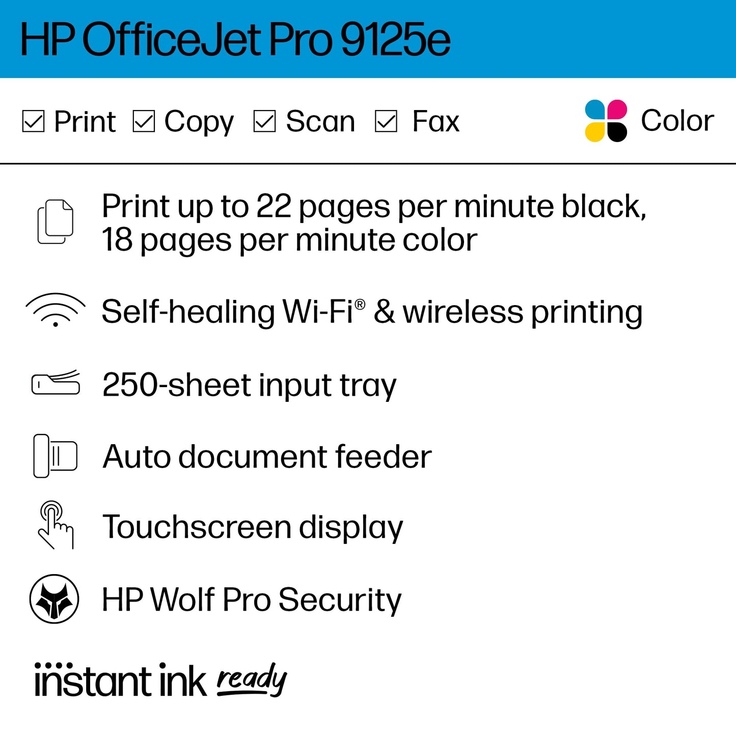 HP OfficeJet Pro 9125e All-in-One Printer, Copier, Scanner; Touchscreen; Smart Advance Scan - 403X0A#B1H