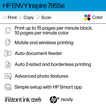 HP ENVY Inspire 7955e Wireless Color Inkjet Printer, Scanner, Copier - White - 1W2Y8A#B1H