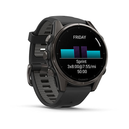 Garmin fenix 8 43mm Adventure Watch - AMOLED Sapphire, Carbon Gray DLC Titanium with Black/Pebble Gray Silicone Band