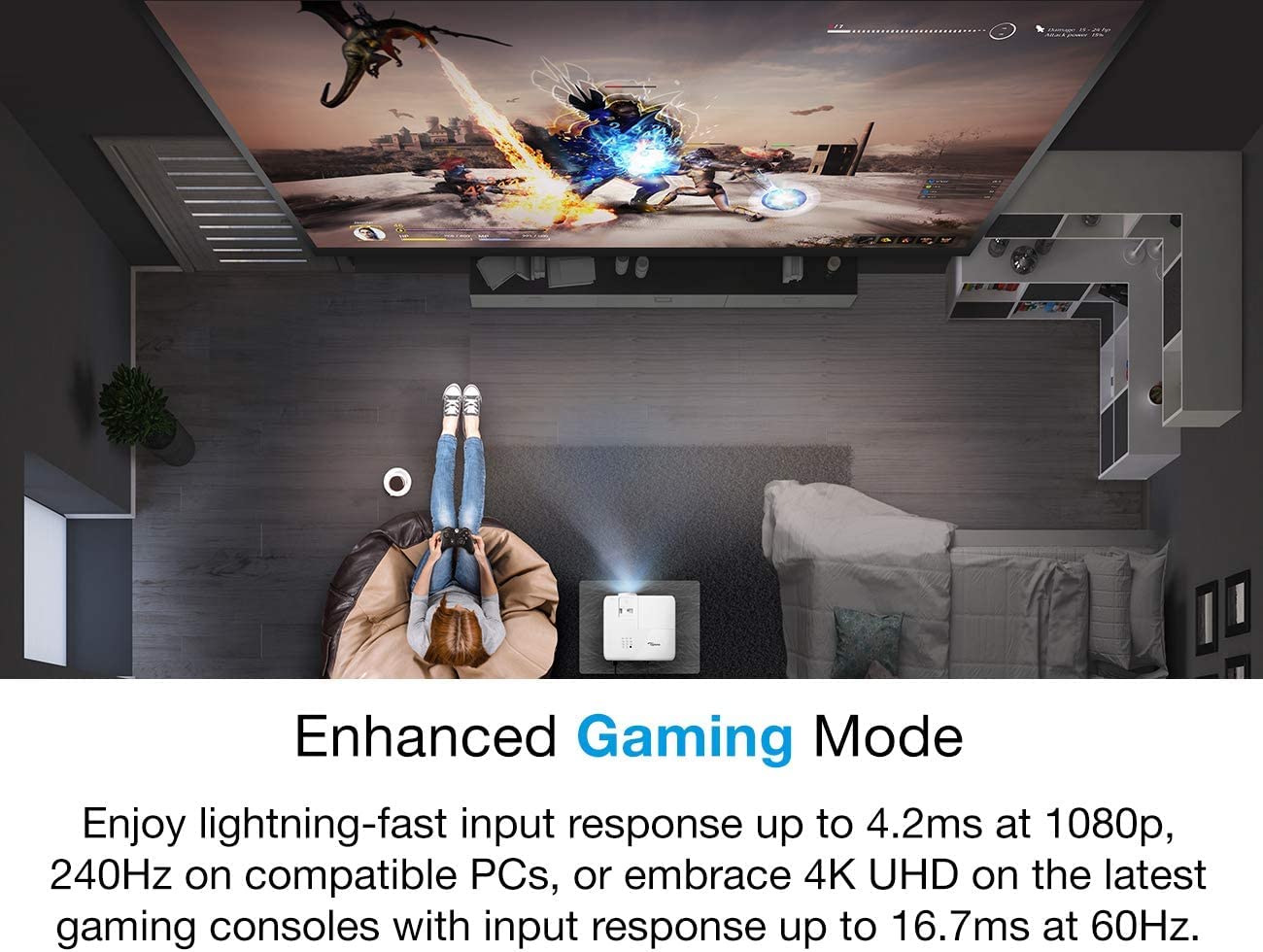 Optoma UHD38x Bright, True 4K UHD Gaming Projector, 4000 Lumens, 4.2ms Response, 1080p, 4K