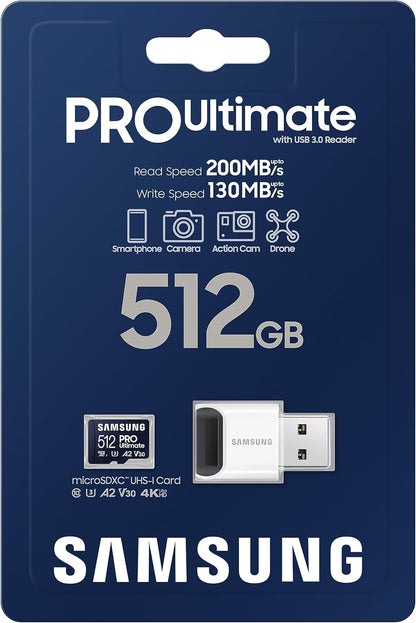 Samsung PRO Ultimate microSD Memory Card + Reader, 512GB microSDXC - MB-MY512SB/AM