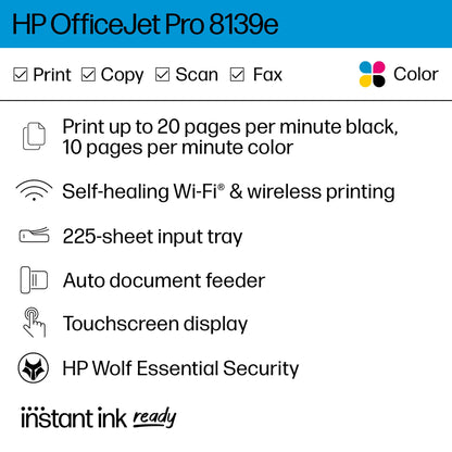 HP OfficeJet Pro 8139e Wireless All-in-One Inkjet Printer, Scanner, Copier, Fax, ADF, Duplex Printing - 40Q51A#B1H