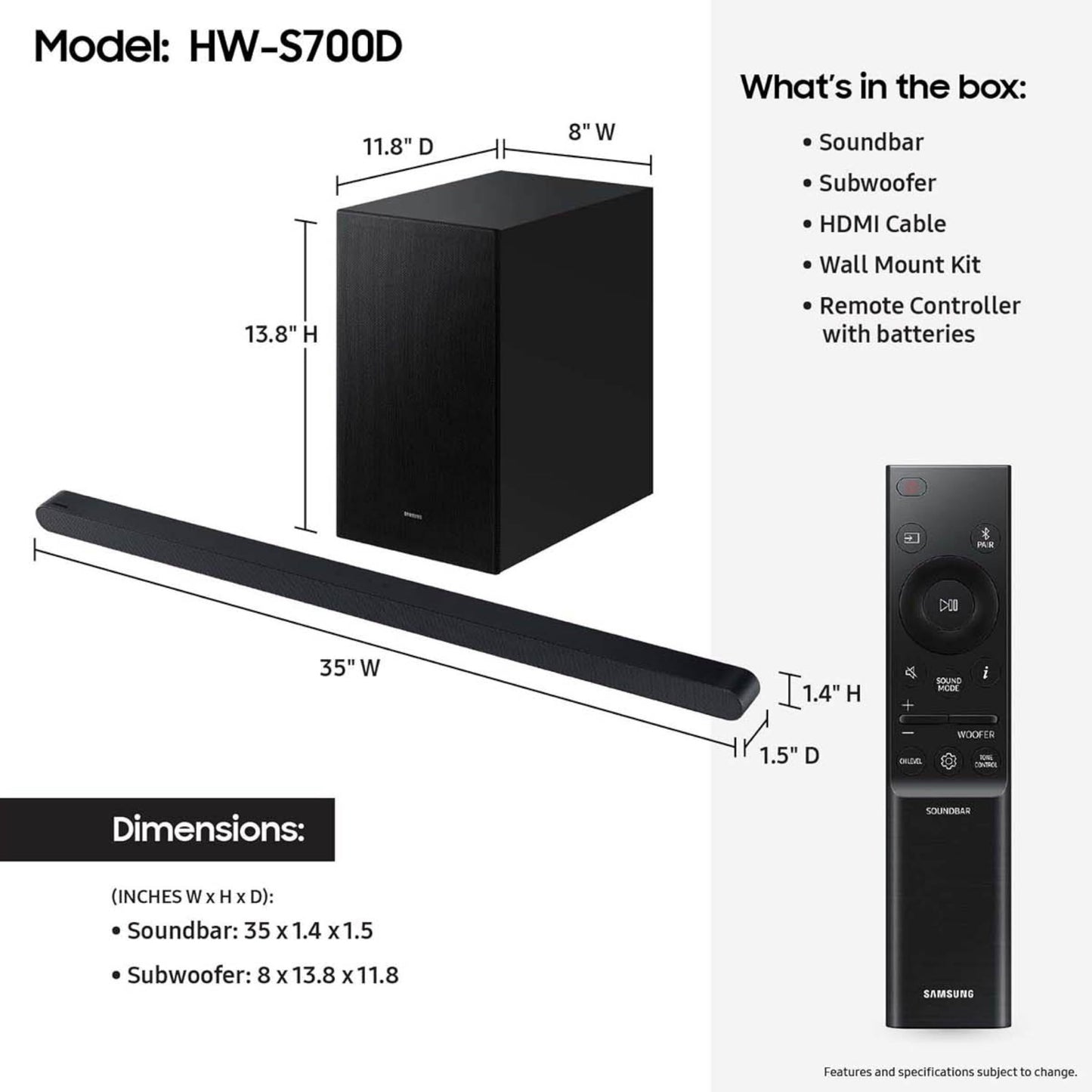 Samsung HW-S700D 3.1 ch Soundbar w/Dolby Audio, Surround Sound Expansion, Wireless Subwoofer (2024)
