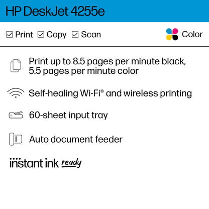 HP DeskJet 4255e Wireless All-in-One Color Inkjet Printer, Scanner, Copier - 588S6A#B1H