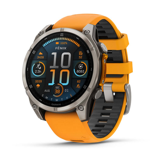 Garmin fenix 8 47mm Adventure Watch - AMOLED Sapphire, Titanium with Spark Orange/Graphite Silicone Band