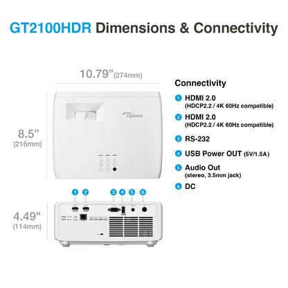 Optoma GT2100HDR Compact Short Throw Laser Home Theater and Gaming Projector, 1080p, 4K