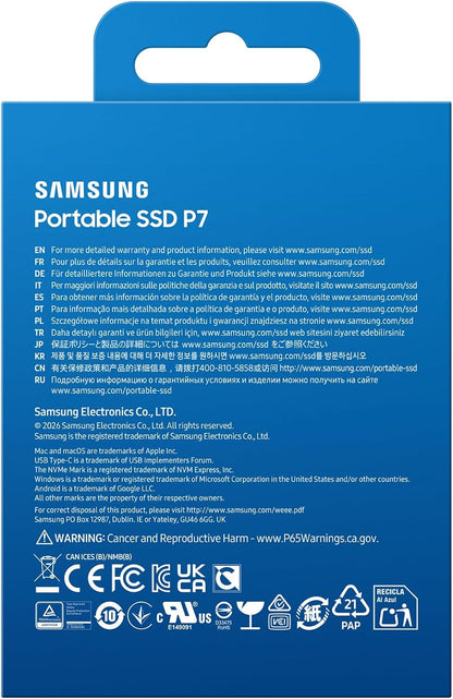 Samsung P7 Portable SSD 1TB, MU-PF1T0G/AM, Read/Write Up to 4000/3700 MB/s