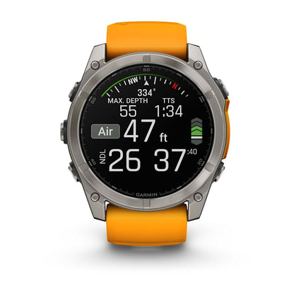 Garmin fenix 8 51mm Adventure Watch - AMOLED Sapphire, Titanium with Spark Orange/Graphite Silicone Band