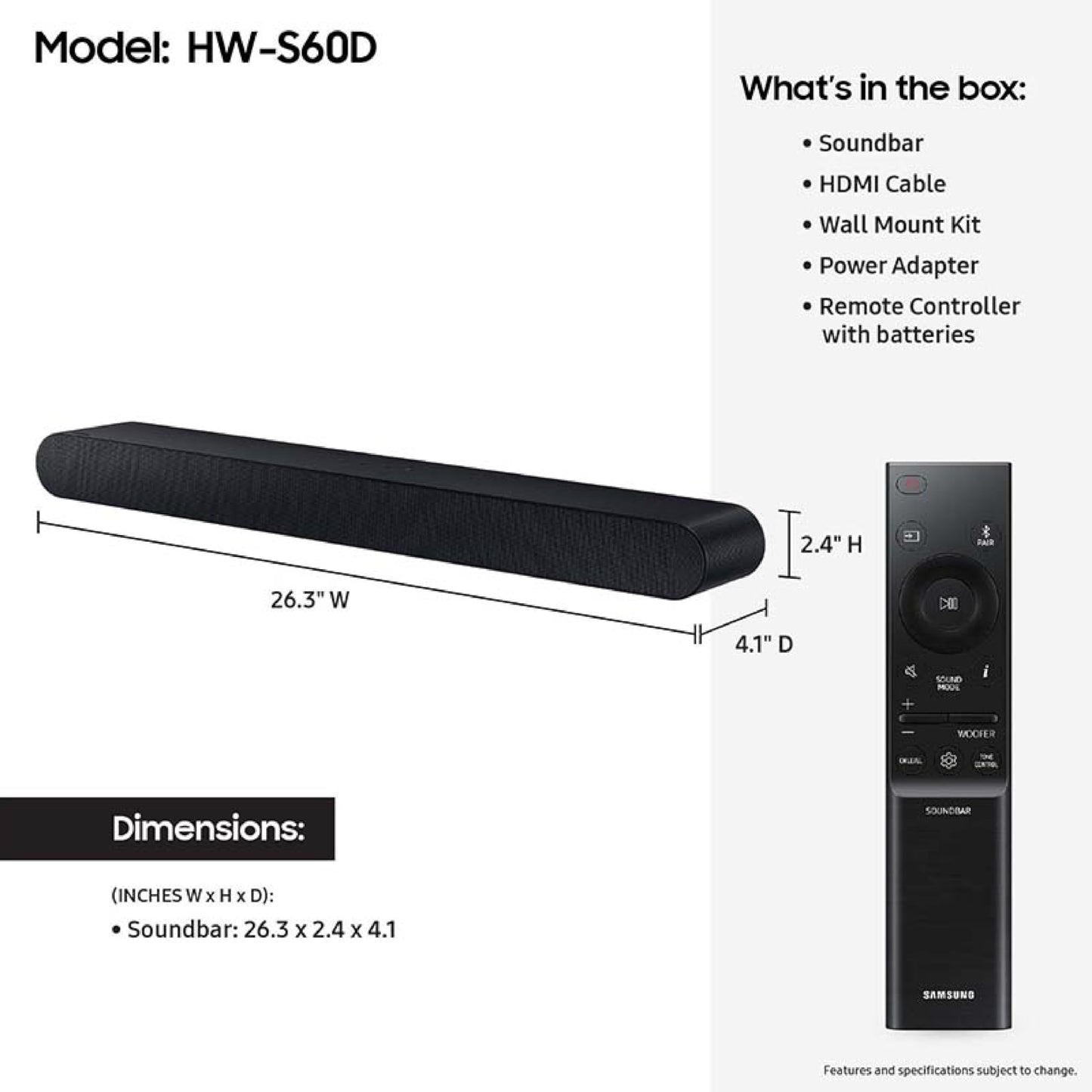 (Open Box) Samsung S60D 5.0ch Soundbar w/Wireless Dolby Atmos Audio, HW-S60D/ZA (2024)