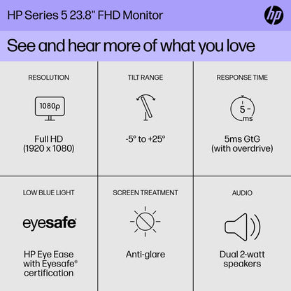 HP Series 5 24-in FHD Computer Monitor, Full HD, IPS Panel, 1500:1 Contrast, 300 nits, Eye Ease with Eyesafe Certification, 524sa