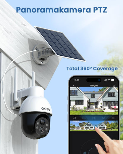 (Open Box) AOSU Solar Security Camera Wireless Outdoor System, 3K/5MP Battery Powered WiFi Camera for Home Security, Panoramic PTZ, Auto Tracking, Human/Vehicle Detection, Night Vision, Spotlights, 2-Way Talk