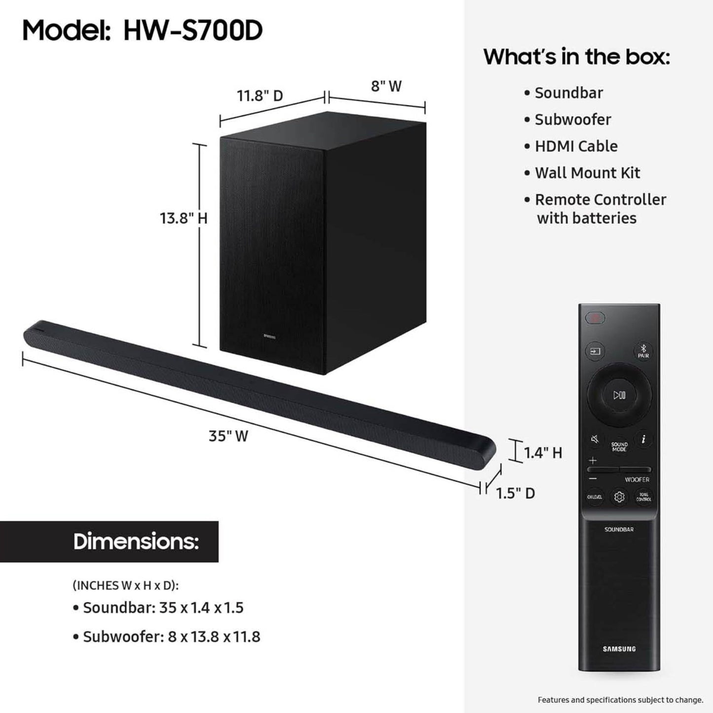 (Open Box) Samsung HW-S700D 3.1 ch Soundbar w/Dolby Audio, Surround Sound Expansion, Wireless Subwoofer (2024)