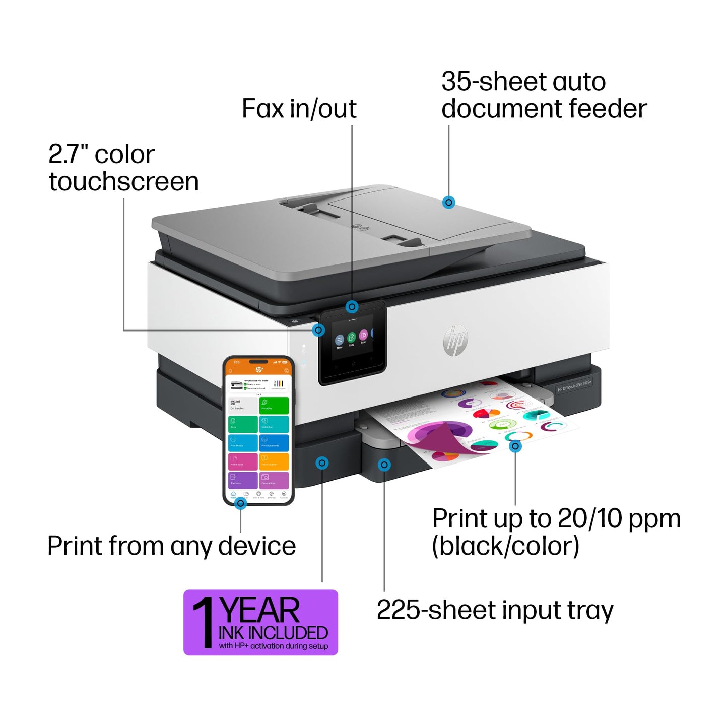 HP OfficeJet Pro 8139e Wireless All-in-One Inkjet Printer, Scanner, Copier, Fax, ADF, Duplex Printing - 40Q51A#B1H