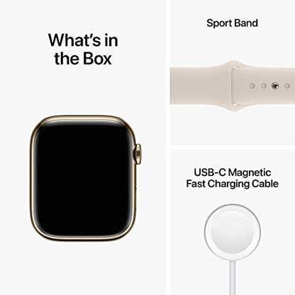 (Open Box) Apple Watch Series 8 GPS + Cellular 41mm Gold Stainless Steel Case w Starlight Sport Band - M/L (2022)