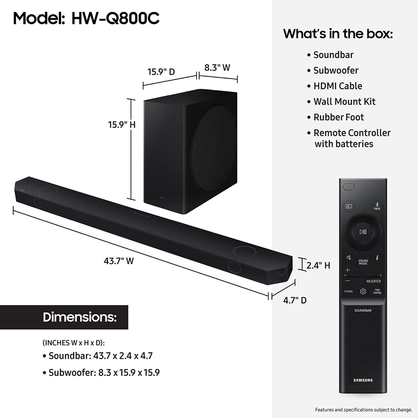Samsung HW-Q800C 5.1.2ch Soundbar w/Wireless , Airplay 2, 8-Inch Subwoofer, Alexa (2023)
