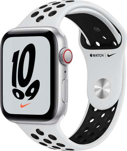 Apple Watch Nike SE GPS + Cellular, 44mm Silver Aluminum Case with Pure Platinum/Black Nike Sport Band