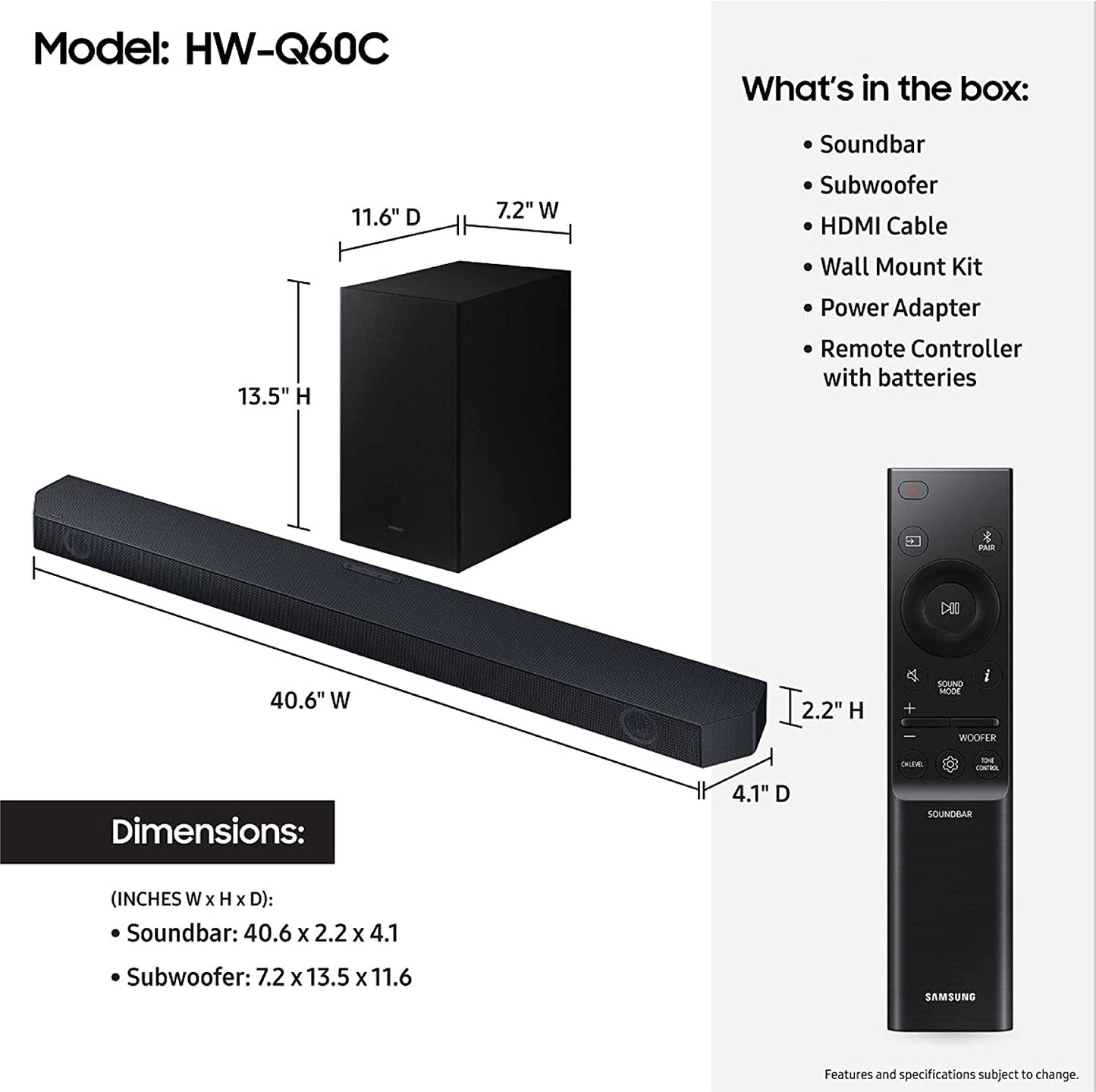 Samsung HW-Q60C 3.1ch Soundbar, Game Mode, Bluetooth, Tap Sound, Alexa (2023)