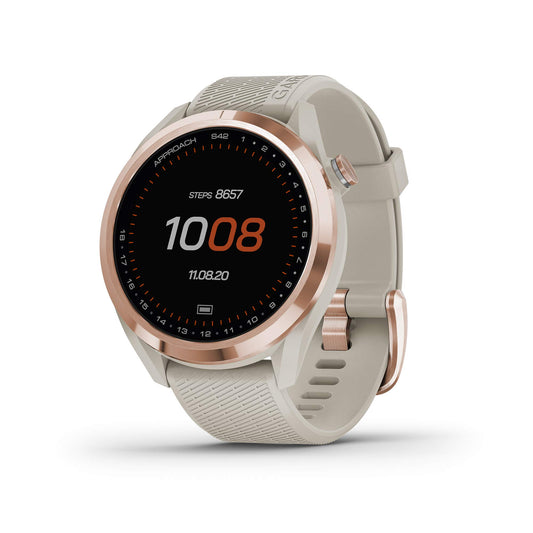 Garmin Approach S42, GPS Golf Smartwatch, Rose Gold Ceramic Bezel and Tan Silicone Band, 010-02572-12