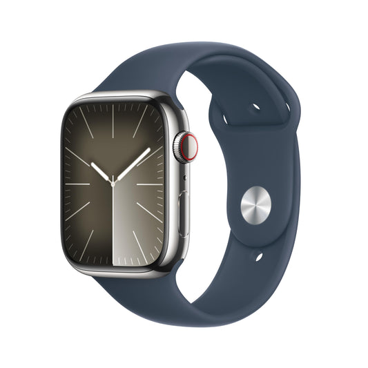 Apple Watch Series 9 GPS + Cellular 45mm Silver Stainless Steel Case with Storm Blue Sport Band - S/M (2023)