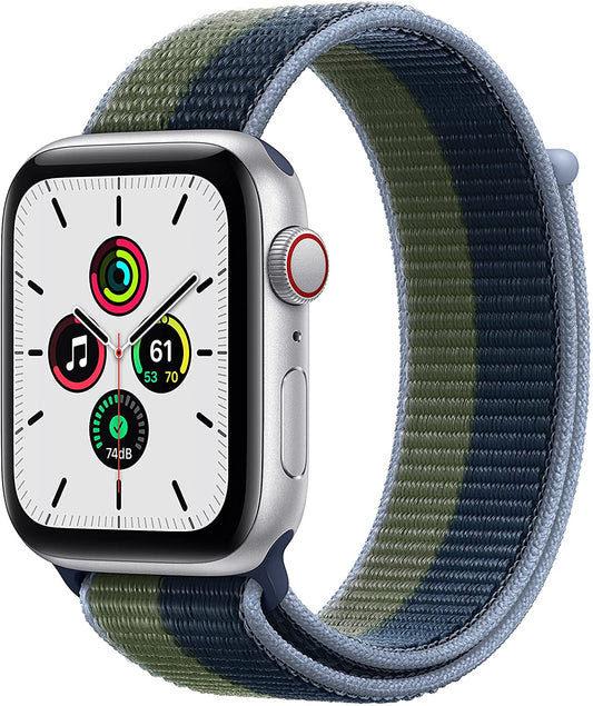 (Open Box) Apple Watch SE GPS + Cellular, 44mm Silver Aluminum Case with Abyss Blue/Moss Green Sport Loop