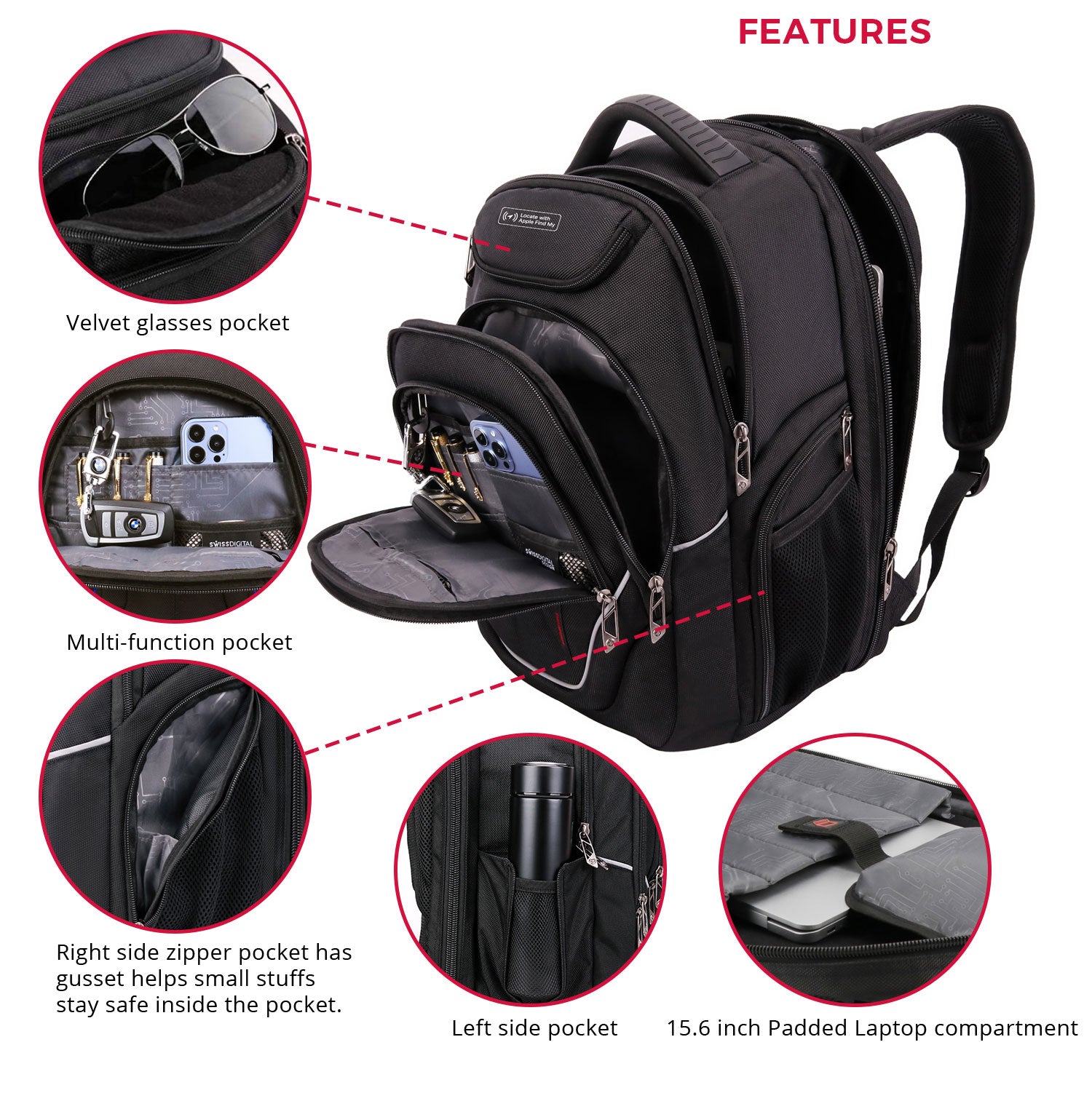 Swissdigital Terabyte Black Red Computer Backpack with Built In Apple