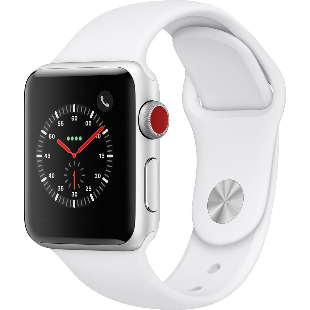 (Open Box) Apple Watch Series 3 GPS + Cellular 38mm Silver Aluminum, White Sport Band