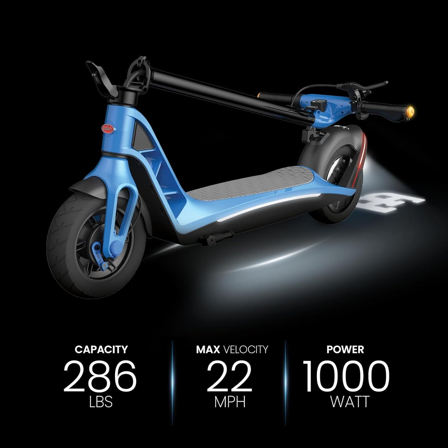 Bugatti 10.0 Electric Scooter - 22mph, 37 Mile Range, 10-in Wheels - Blue