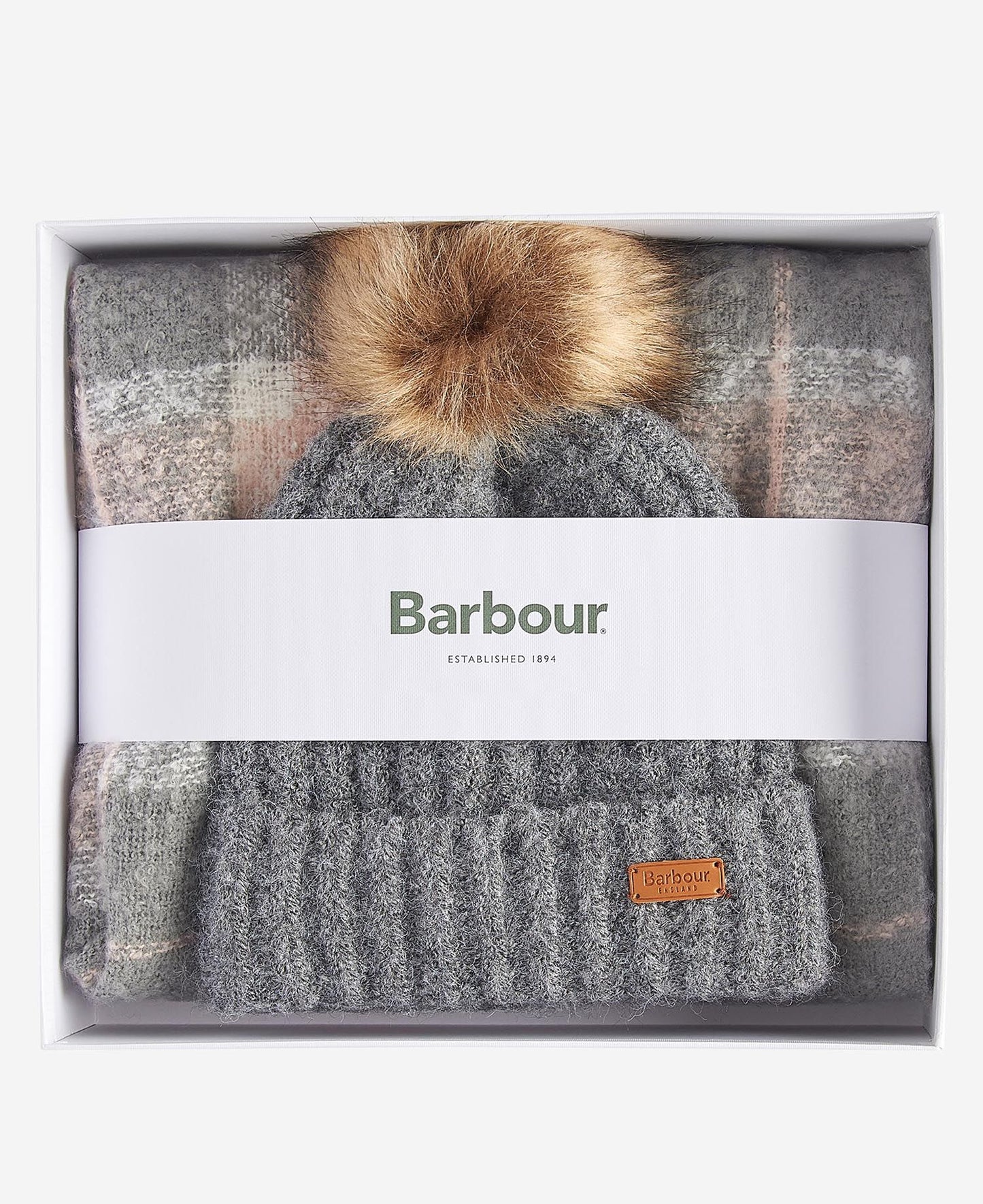 Barbour Women's Saltburn Beanie & Tartan Scarf Set - Grey Rose