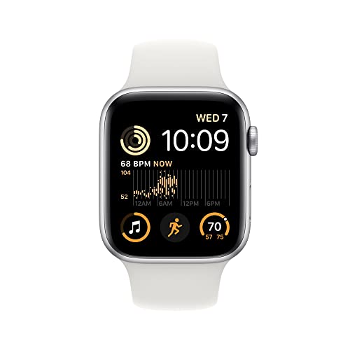 Apple Watch SE GPS 44mm Silver Aluminum Case w White Sport Band - S/M (2022)